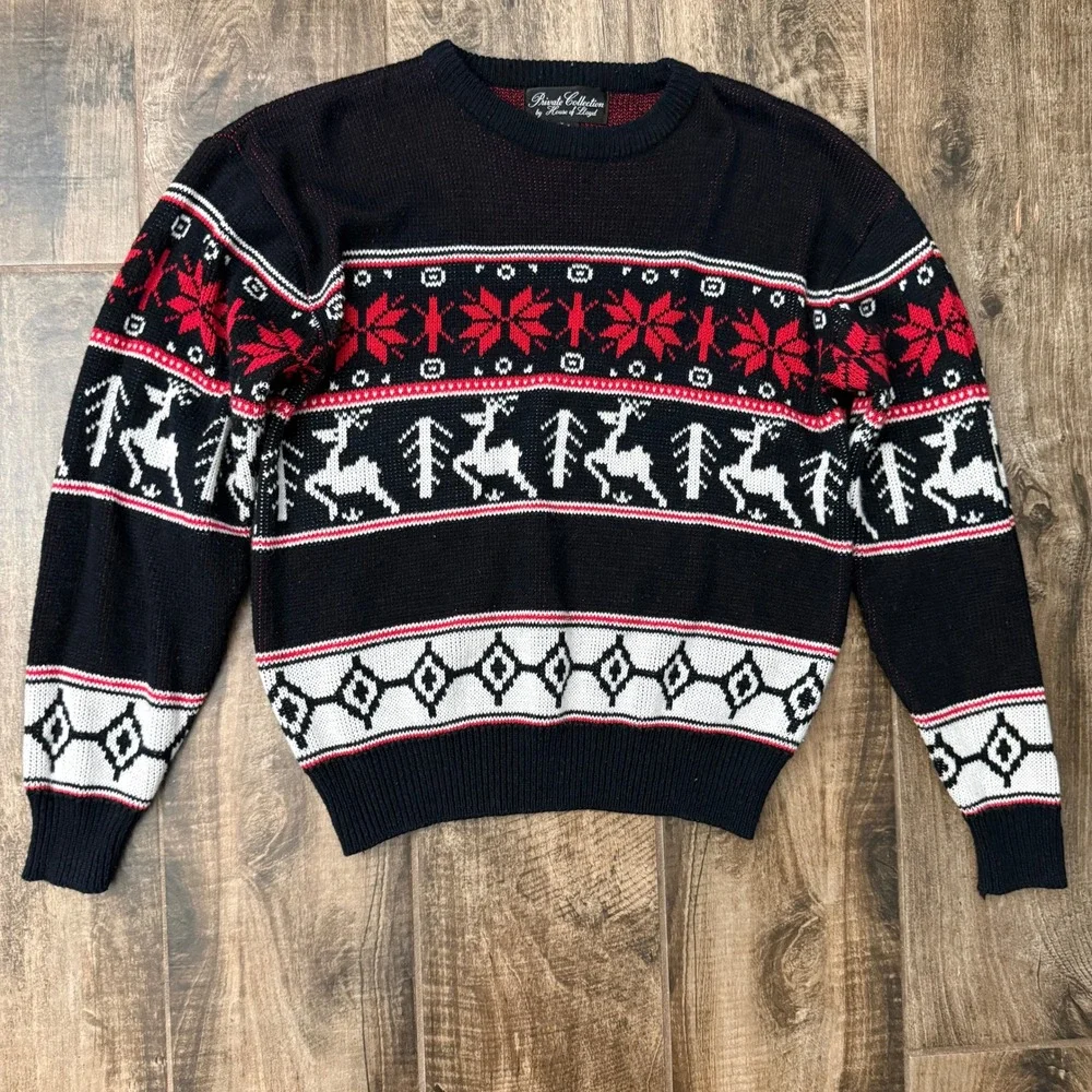 Private Collection‎ House of Lloyd VTG Fair Isle Winter Reindeer Sweater,Black,L